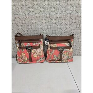 2- Chaps Crossbody Bag Purse Brown‎ Trim Coral Paisley Print Zip Pocket Travel